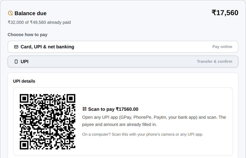A client's payment screen: the amount due, a choice of card, UPI or net banking, and a UPI QR with the amount already filled in